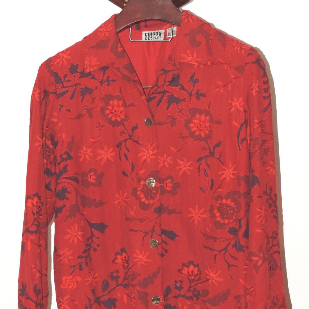 Chico's red silk beaded blouse